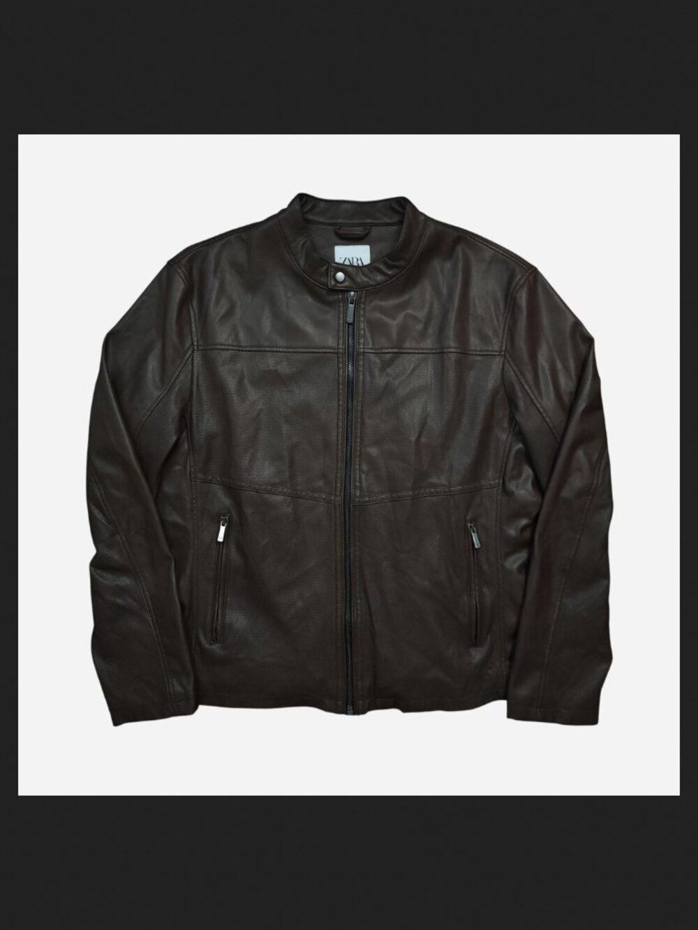 Zara full zip brown perforated faux leather biker jacket